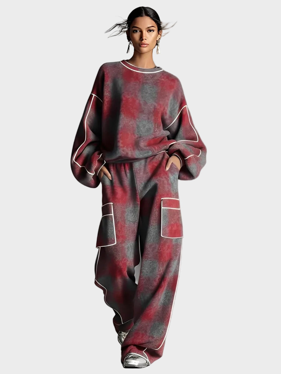 Natasa | Women's Red And Grey Checkered Brushed Distressed Street Style Pants Set With Colored Details