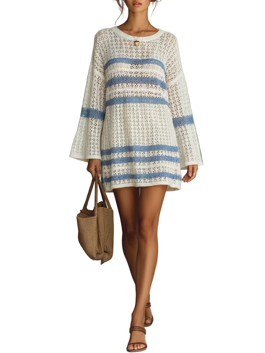 Bri - Women's Vacation Style Openwork Knit Striped Mini Dress