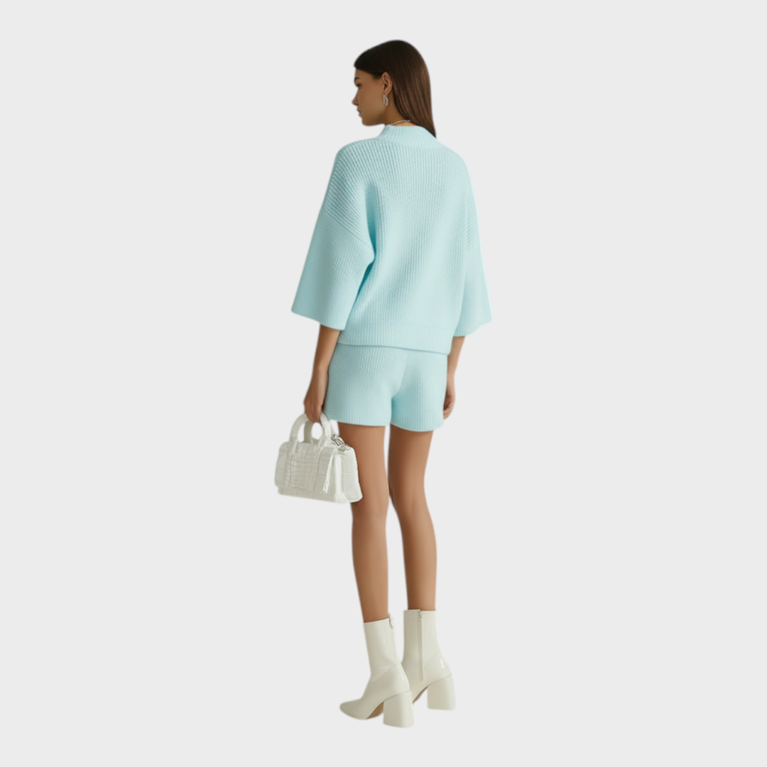 Stephanie | Casual Baby Blue Mock Neck Short Sleeve Oversized Sweater Wide-Leg Shorts Knit Two-Piece Set