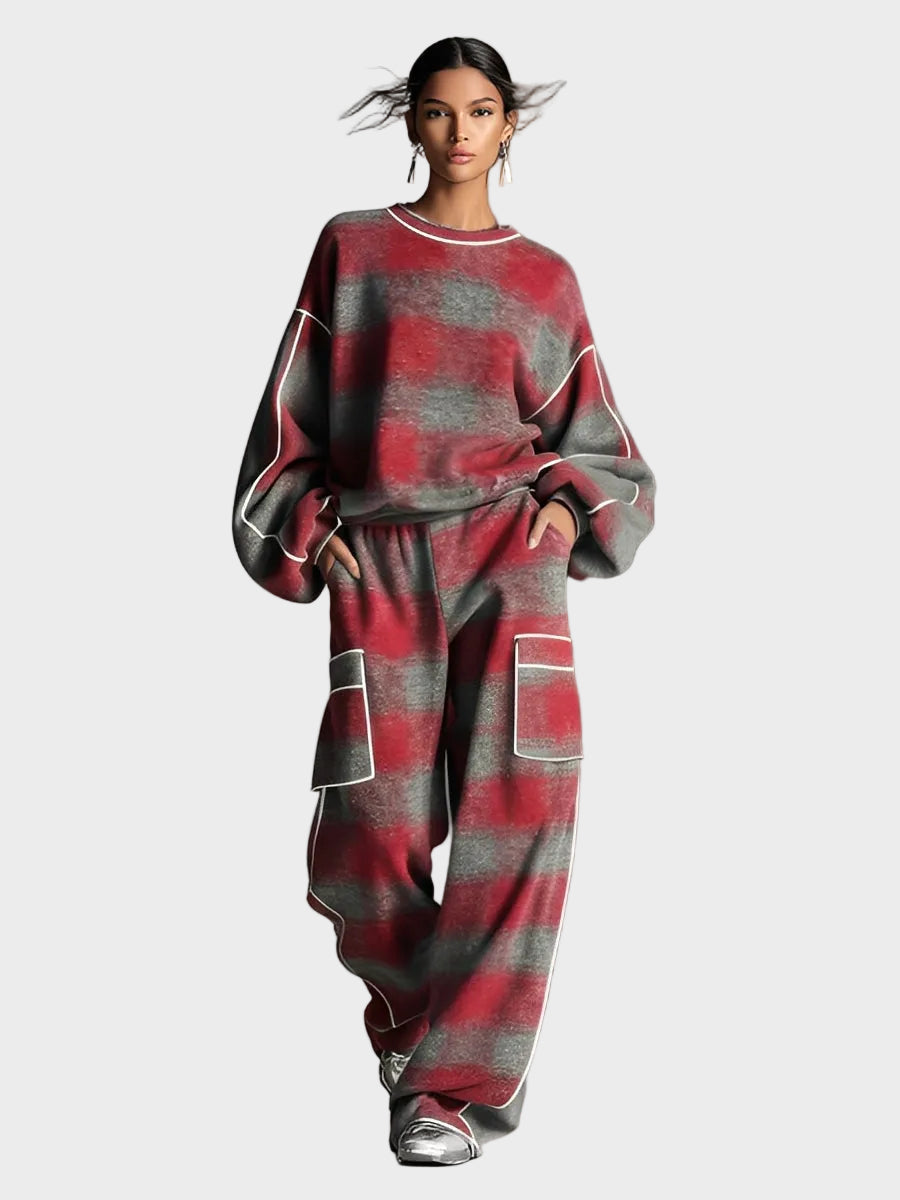 Natasa | Women's Red And Grey Checkered Brushed Distressed Street Style Pants Set With Colored Details