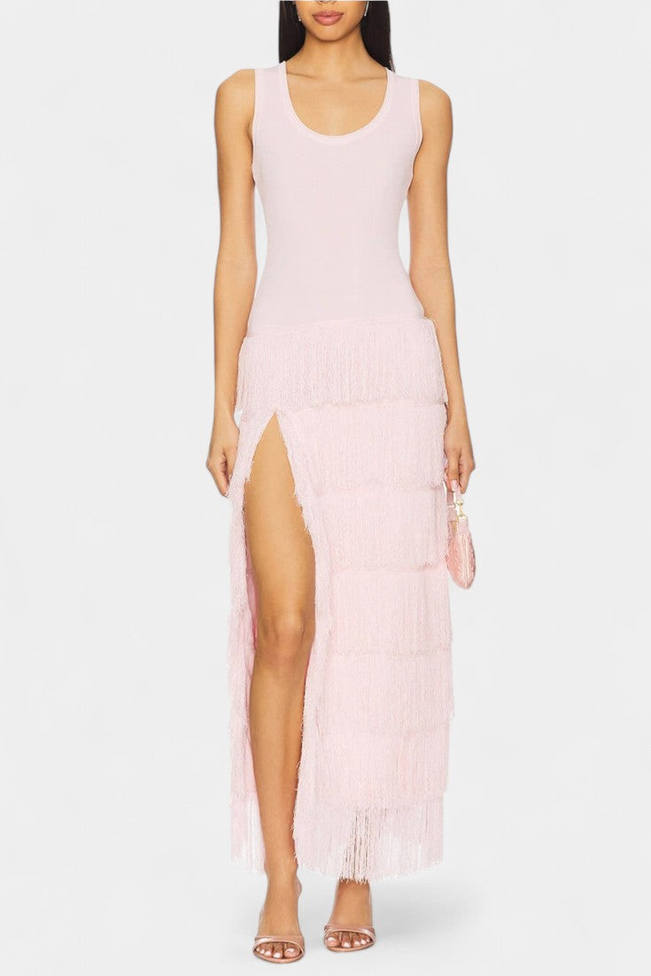 Kalani Maxi Dress with Layered Fringes and Side Slit