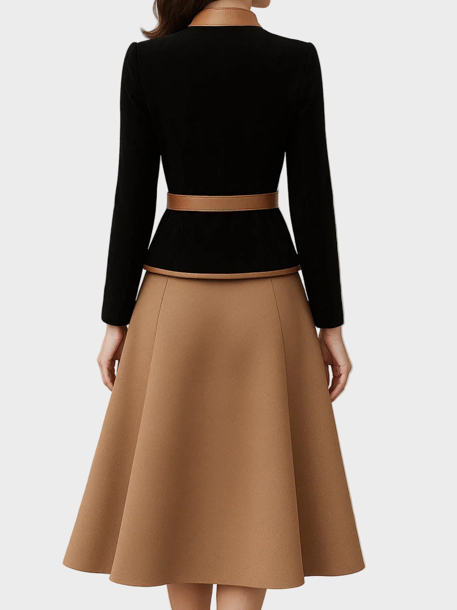 Rebecca | Two-Tone Trim Blazer And A-Line Midi Skirt Set