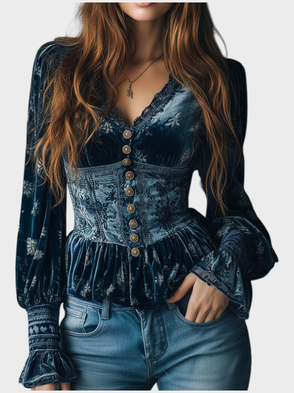 Marilena | Vintage Blue Velvet Blouse with Flowers in Corset Style