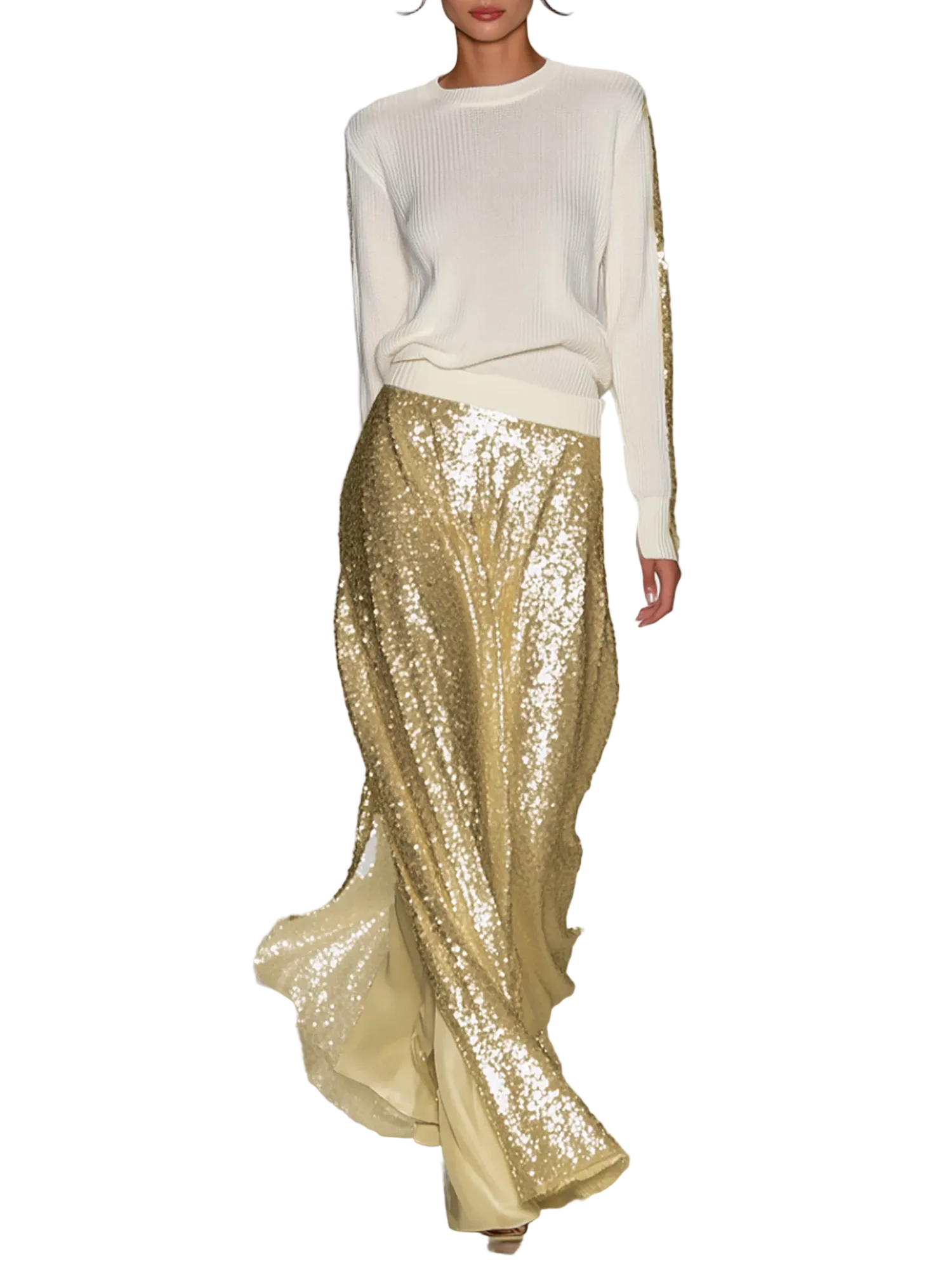 Maya - Women's Fashionable Casual Round Neck Knitted Top With Sequined Long Skirt Suit