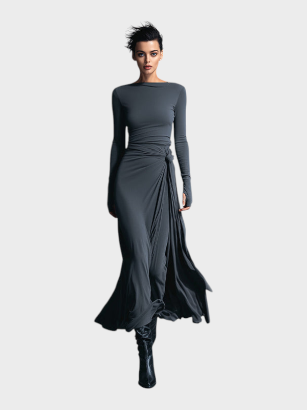 Hera | Women's Grey Stunning Stretch Blend Fabric Dress - Drawstring Maxi Dress MDA1401H9I