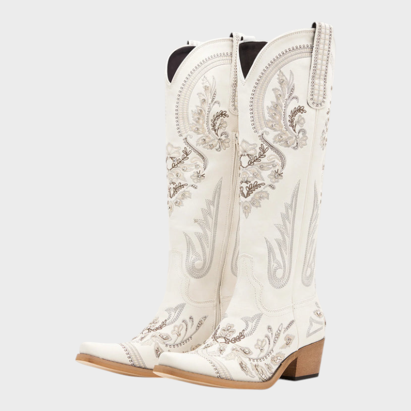 Zaira | Aurelia Women's Cowboy Boots - Ivory Pearl with Snip Toe & Floral Embroidery