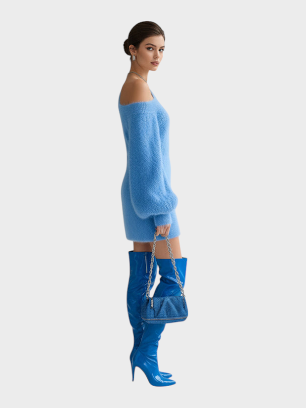 Lucy | ElevenOra Chic Elegant Blue Mini Dress With One Shoulder Long Puff Sleeve A-Line