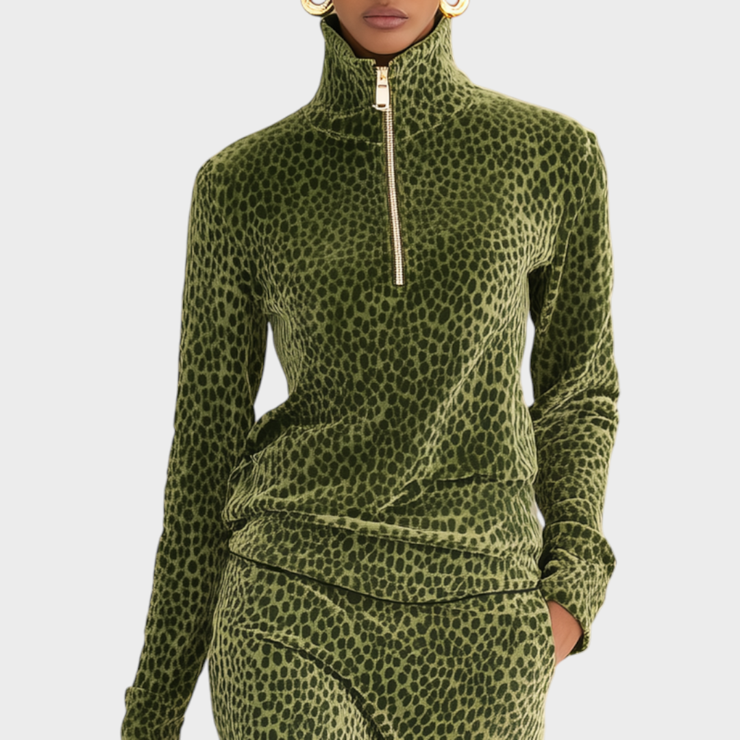 Jessie | Velvet Top Set with Stand Collar and Leopard Print Skirt