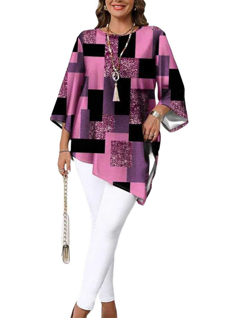 Nurit - Checkered Oversized Printed Blouse With Short Sleeve
