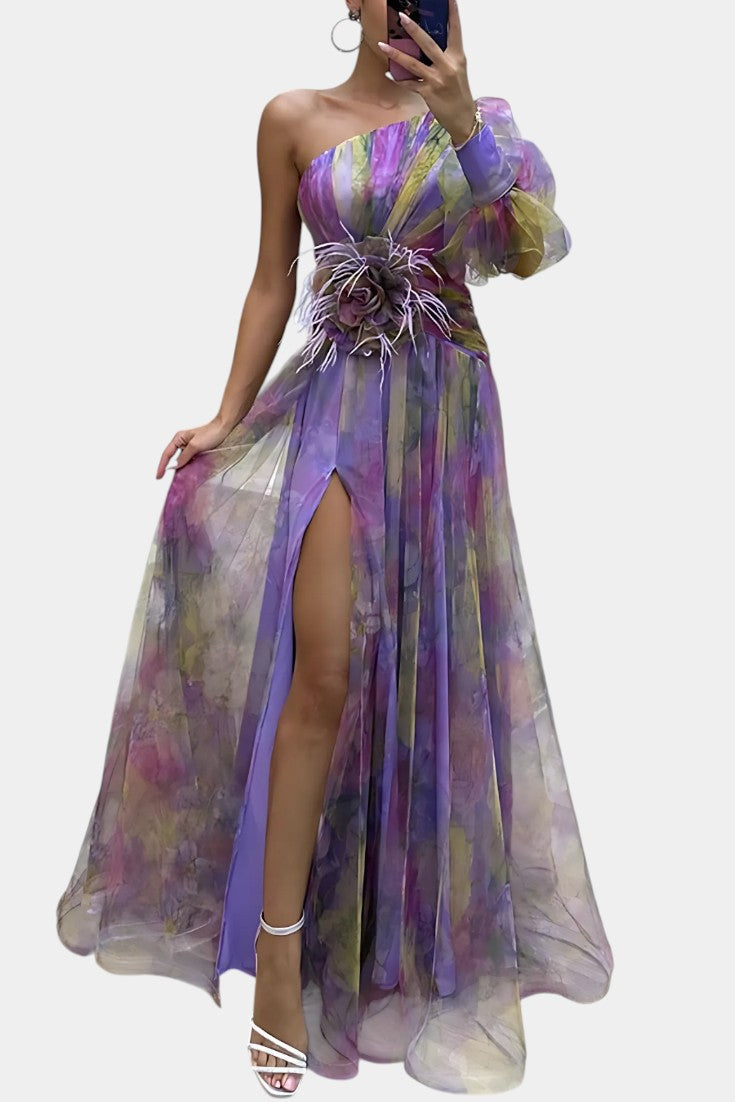 Amelie Asymmetric One-Shoulder Maxi Dress with Artistic Design