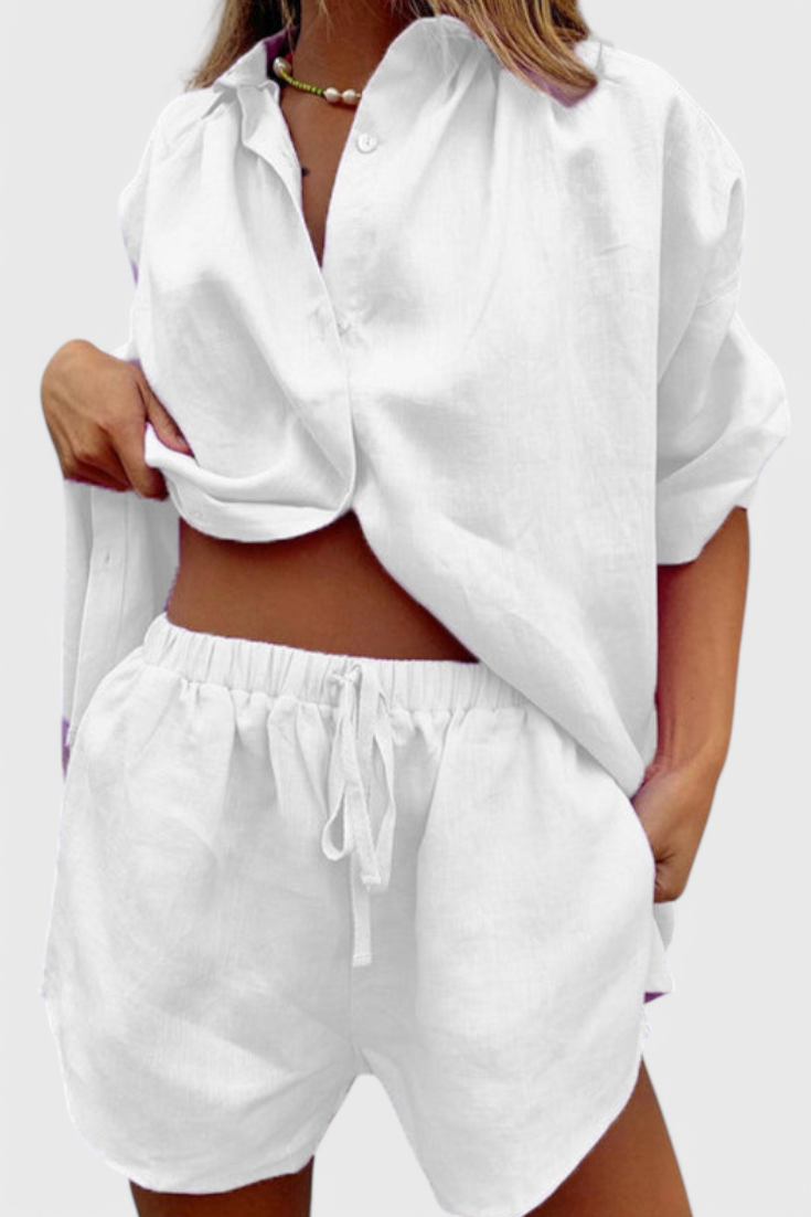 Anika Two-Piece Set with Button-Down Shirt and Drawstring Shorts