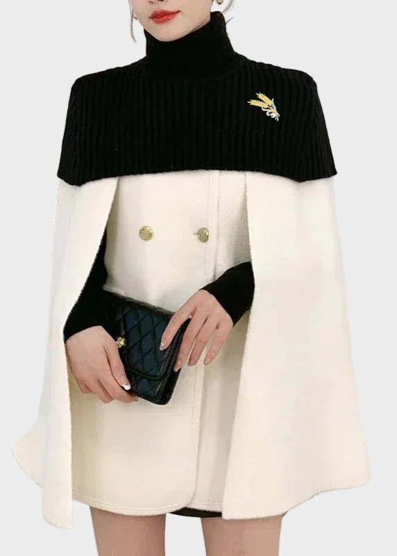 Azalea | Elegant White O-Neck Knit Patchwork Cape And Woolen Coats Two Piece Set Spring