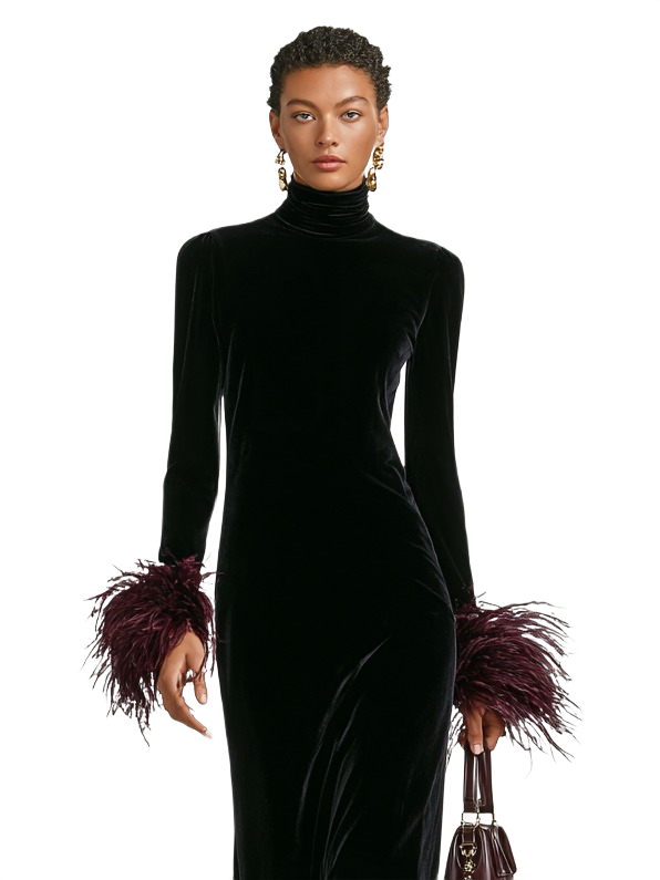 Anna - Women's Minimalist Velvet Patchwork Faux Ostrich Feather Cuffs And Hem Maxi Dress