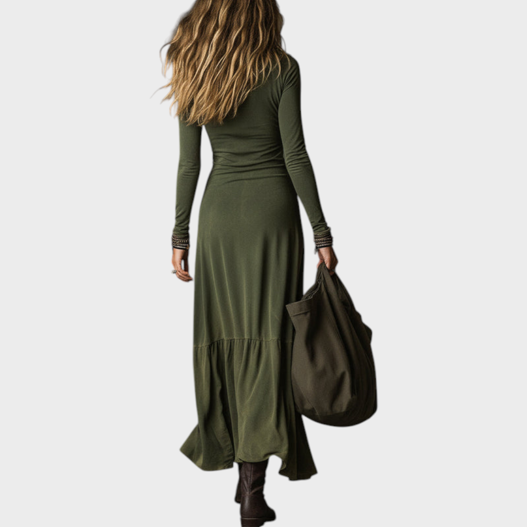 Tricia | Bohemian Midi Dress in Washed Cotton with Half Zipper and Slit at the End