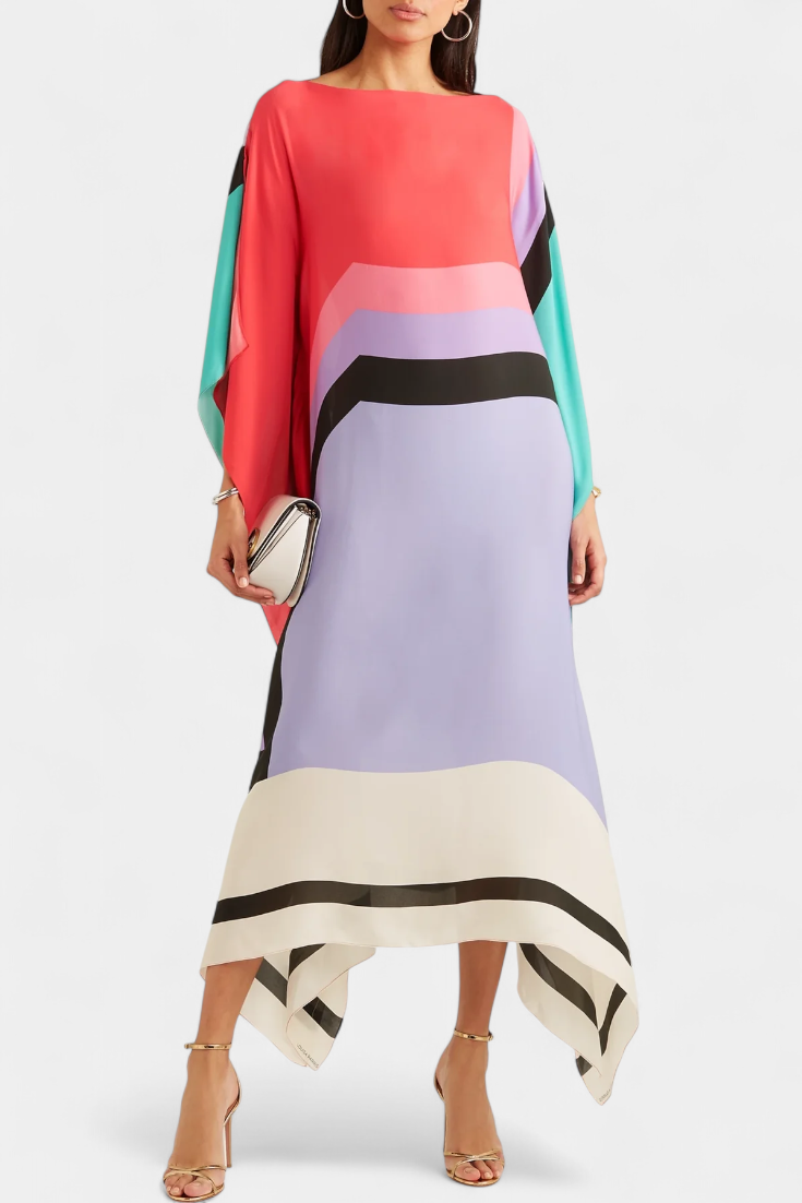 Elenora Kaftan with Geometric Pattern, Wide Line and Butterfly Mesh Fabric