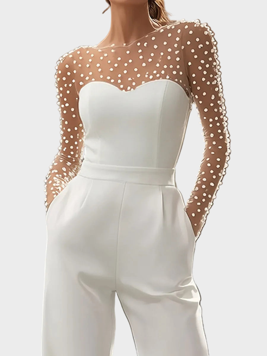 Tellie | Pearl-Embellished Sheer Bodice White Jumpsuit