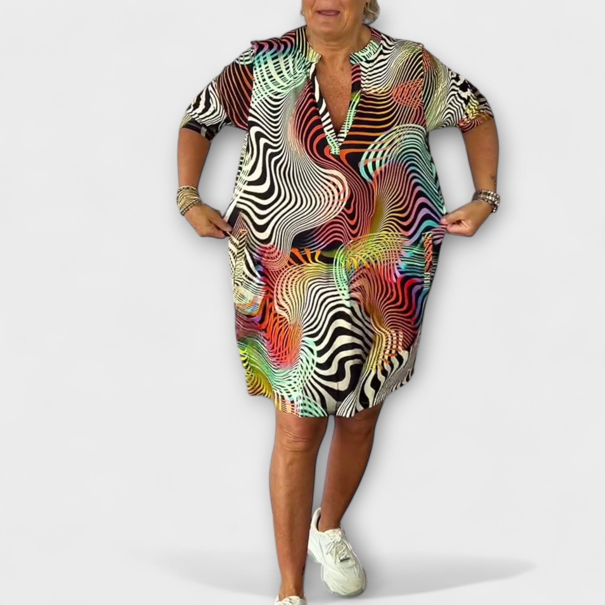 Riola — Multicolored Dress with V Neckline
