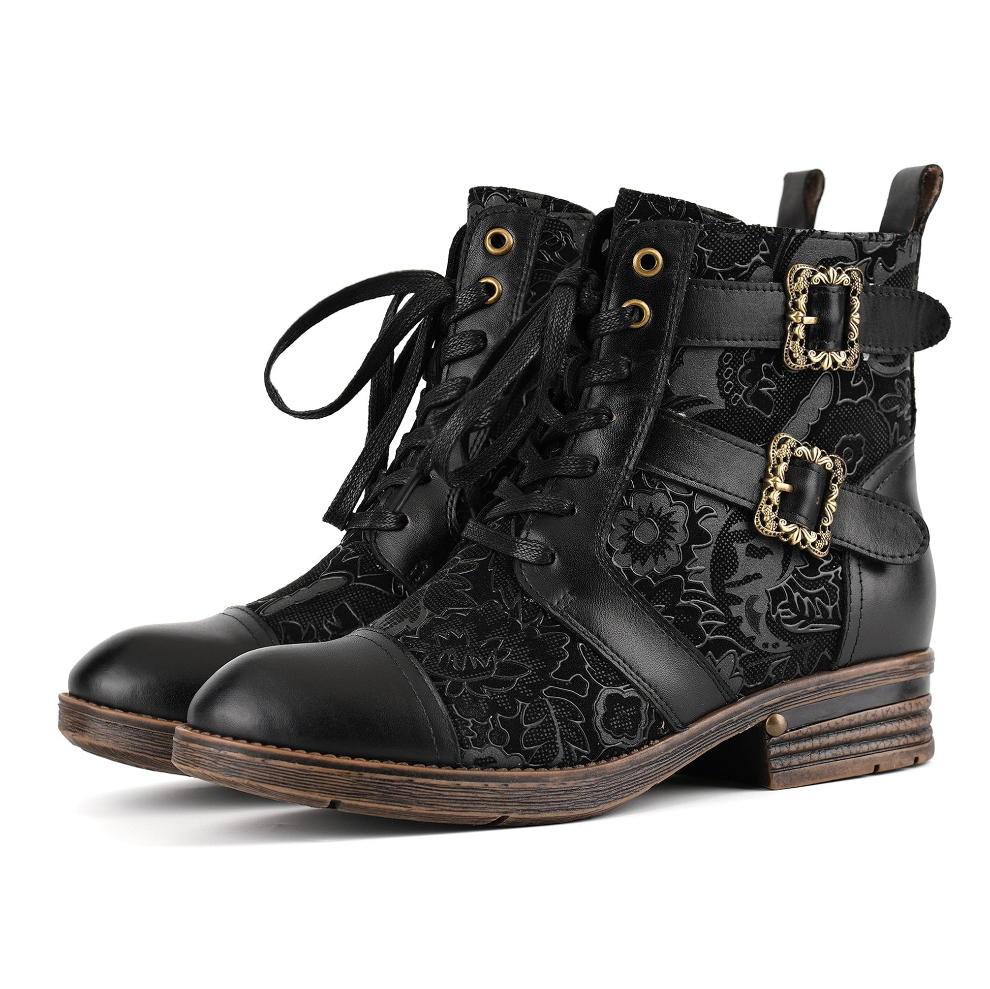 Cerila | Timelessly Elegant Flat Ankle Boots with Floral Pattern and Laces