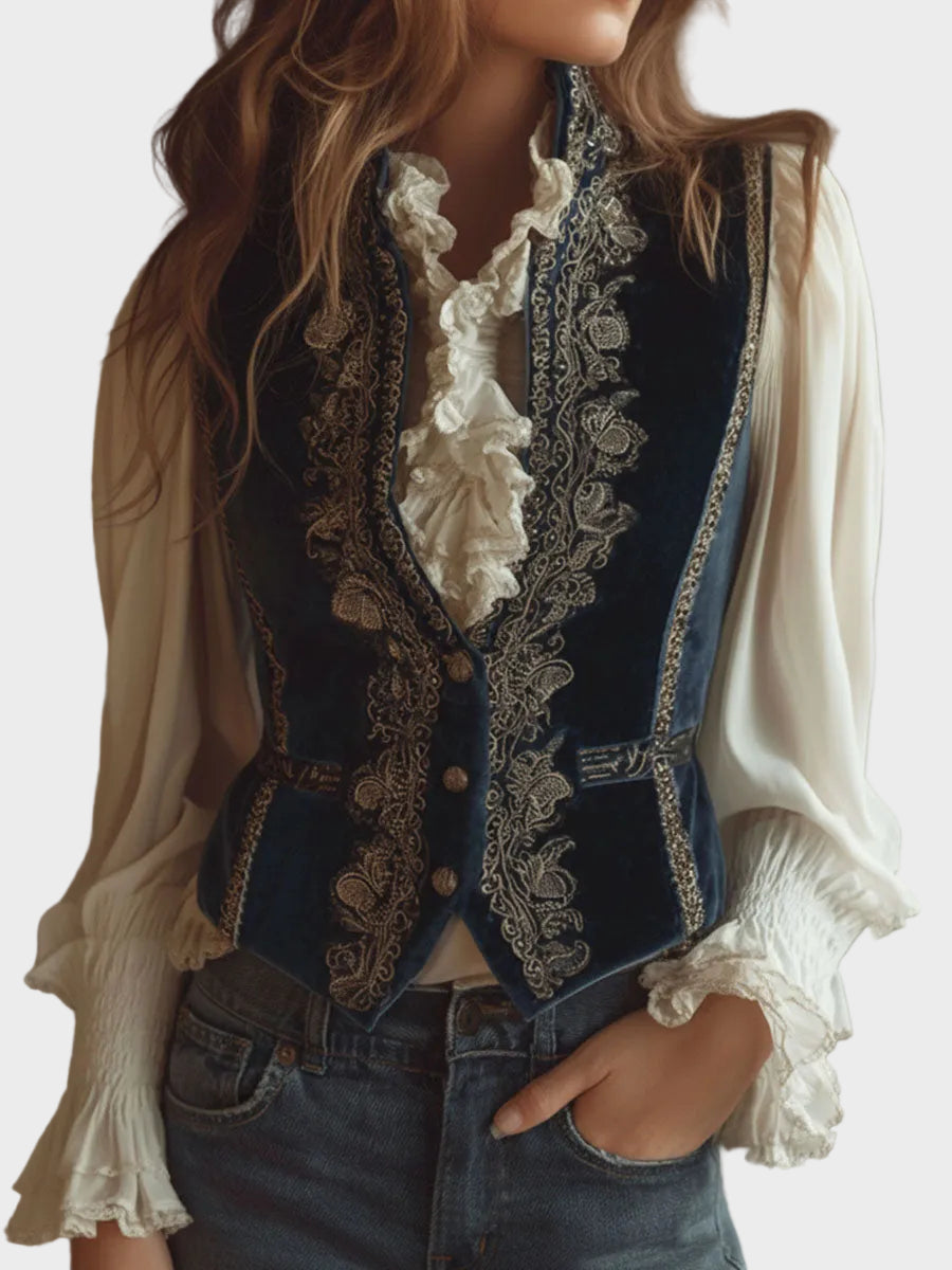 Melanie - Vintage baroque velvet embroidered vest in navy blue