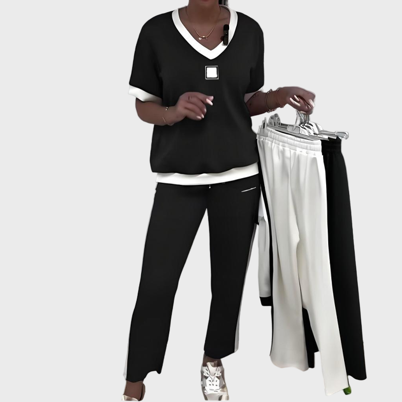 Women's Set with Top and Pants with V-Neckline
