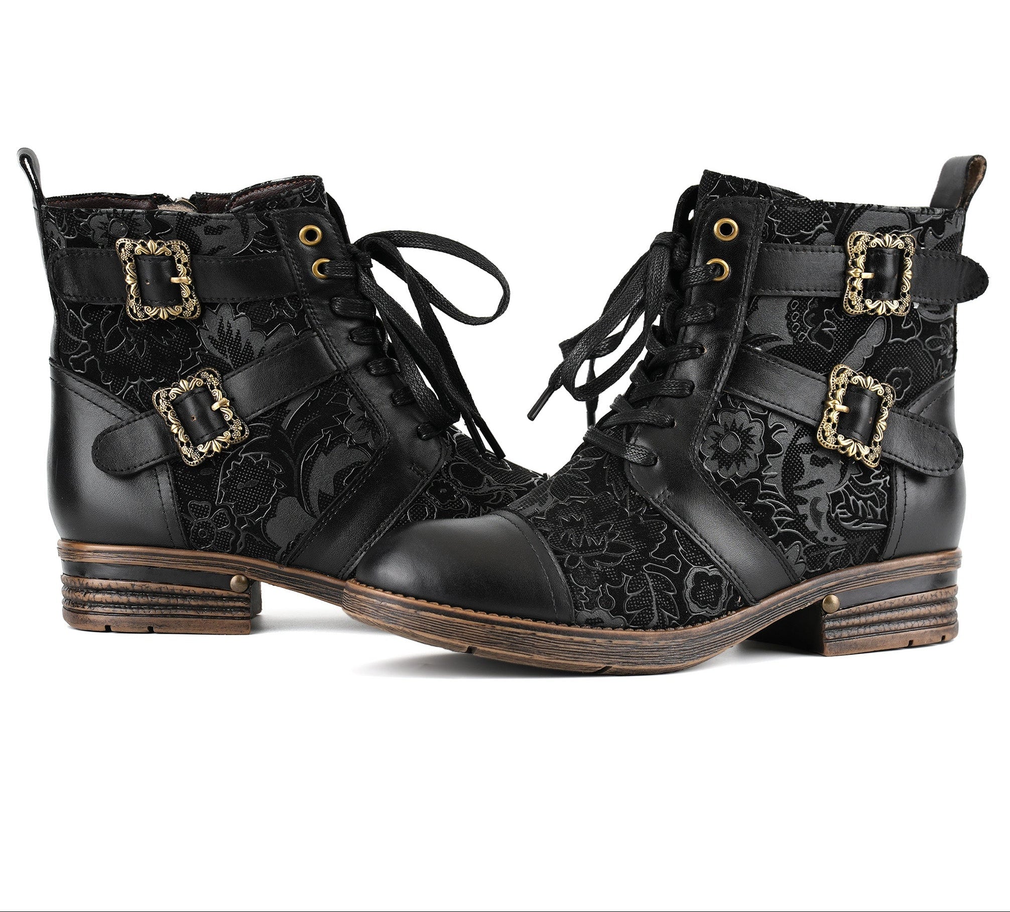 Cerila | Timelessly Elegant Flat Ankle Boots with Floral Pattern and Laces
