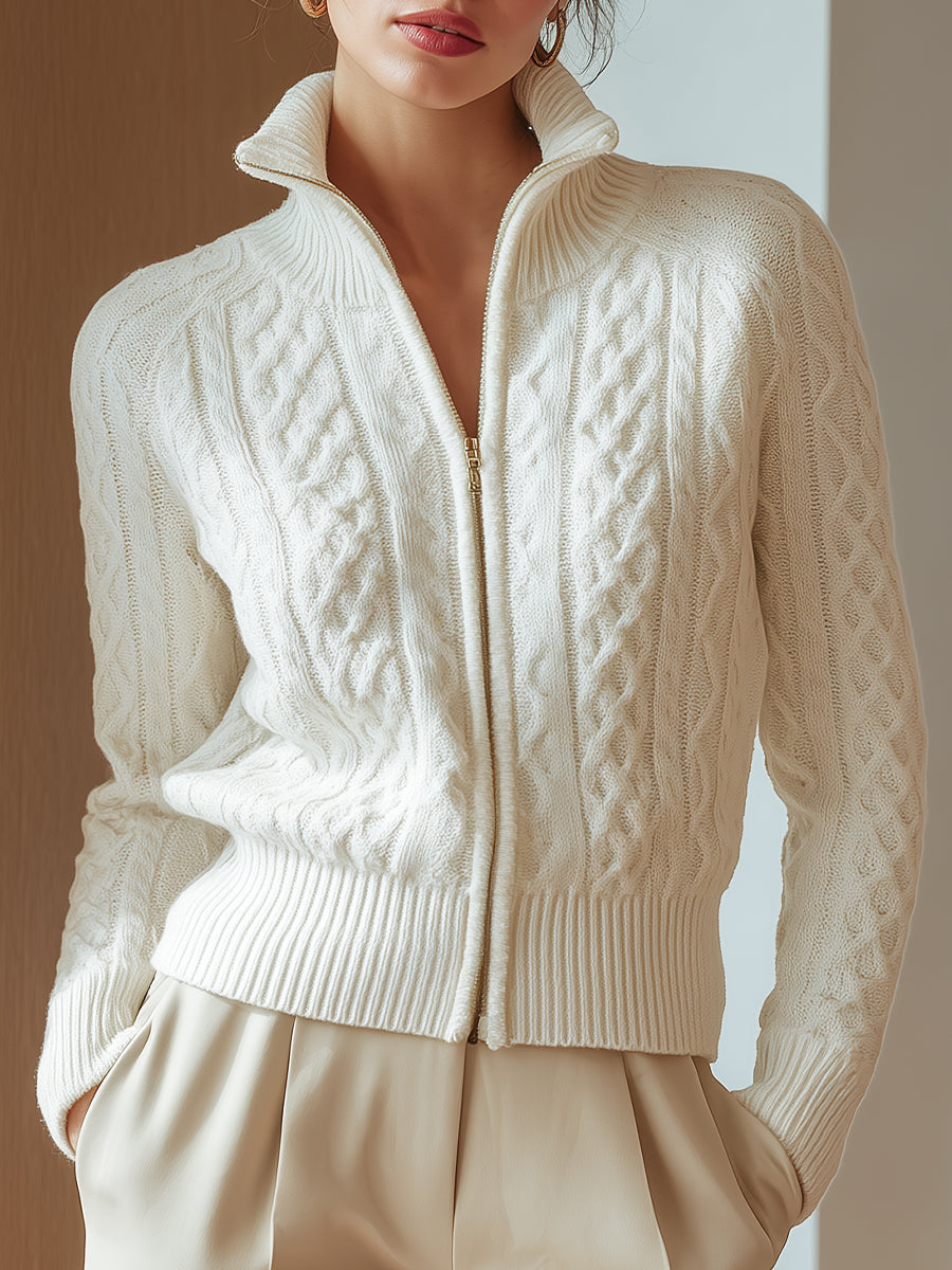 White cable-knit cardigan with zipper