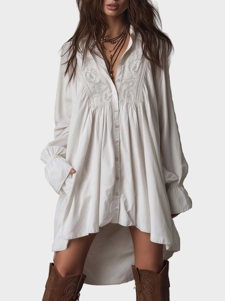 Mary- Retro mini dress with lace, asymmetrical hem and long sleeves