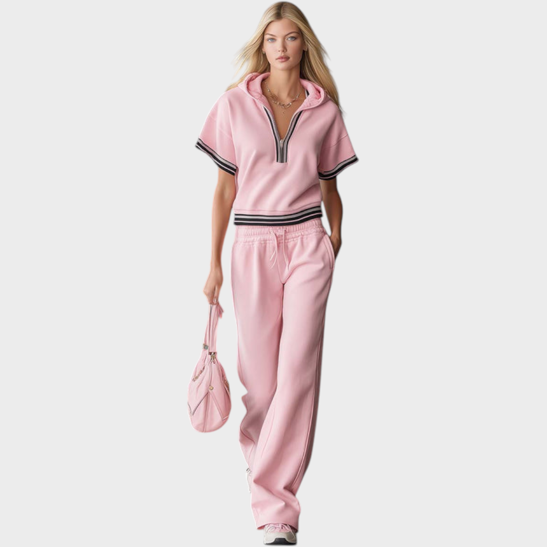 Zahra | Elegant Fashion Sporty Hooded Front Zipper Short-sleeved Pink Cotton Top And Pants Set