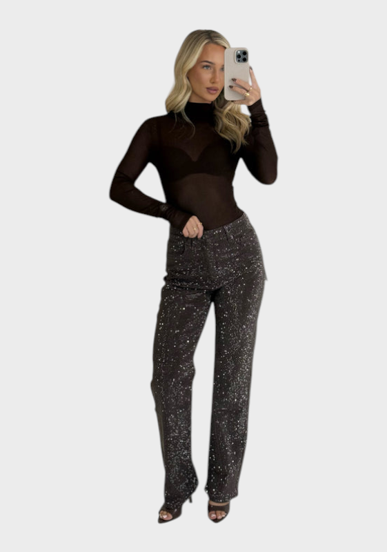 Celeste | Straight Leg Jeans with Rhinestone Glitter in Chocolate