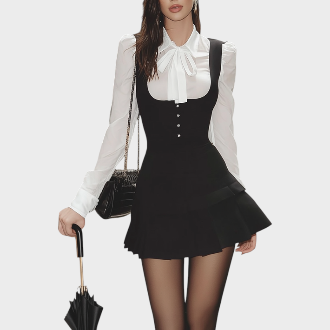 Maricris | Black Suspender Skirt And White Shirt Suit Set With Bow Detail