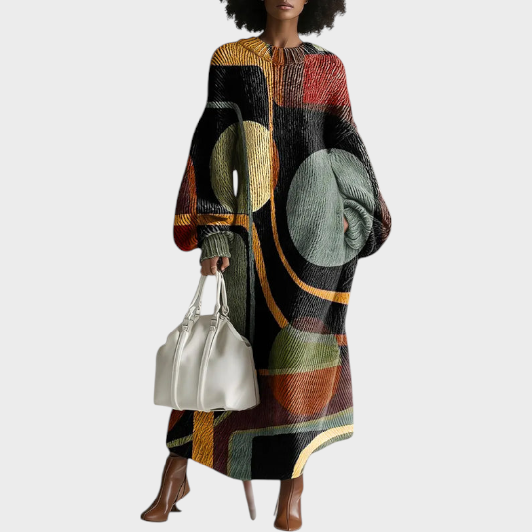 Rionida | Women's Retro Abstract Geometric Printed Silhouette Maxi Dress Long with Round Neckline