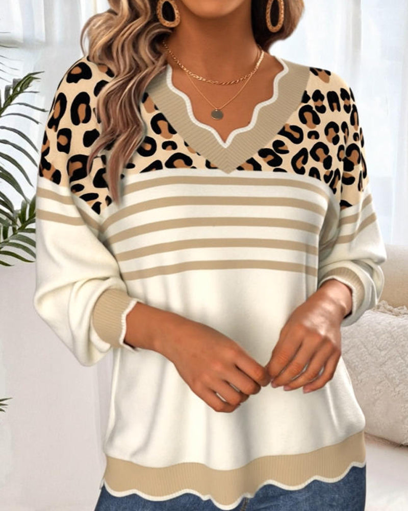 knitted V-neck sweater with contrast and leopard print