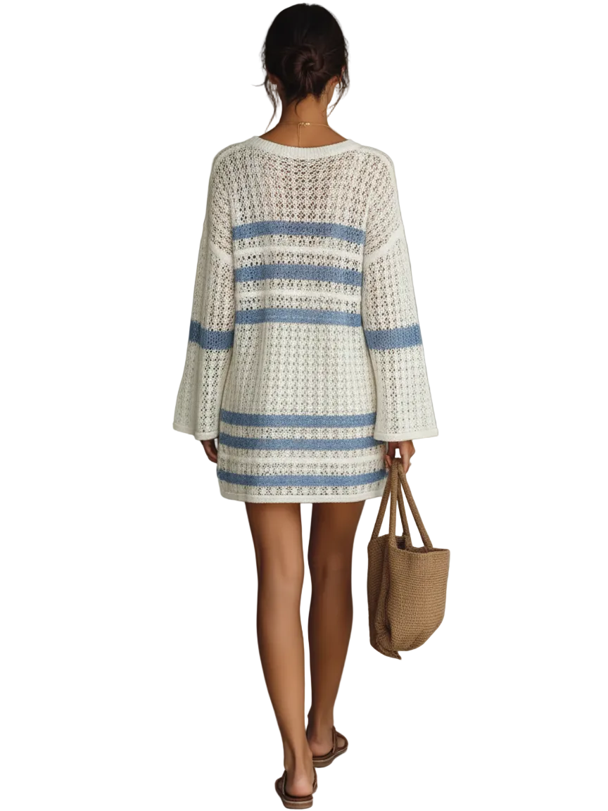 Bri - Women's Vacation Style Openwork Knit Striped Mini Dress