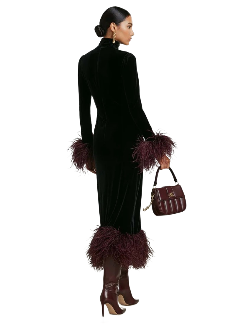 Anna - Women's Minimalist Velvet Patchwork Faux Ostrich Feather Cuffs And Hem Maxi Dress
