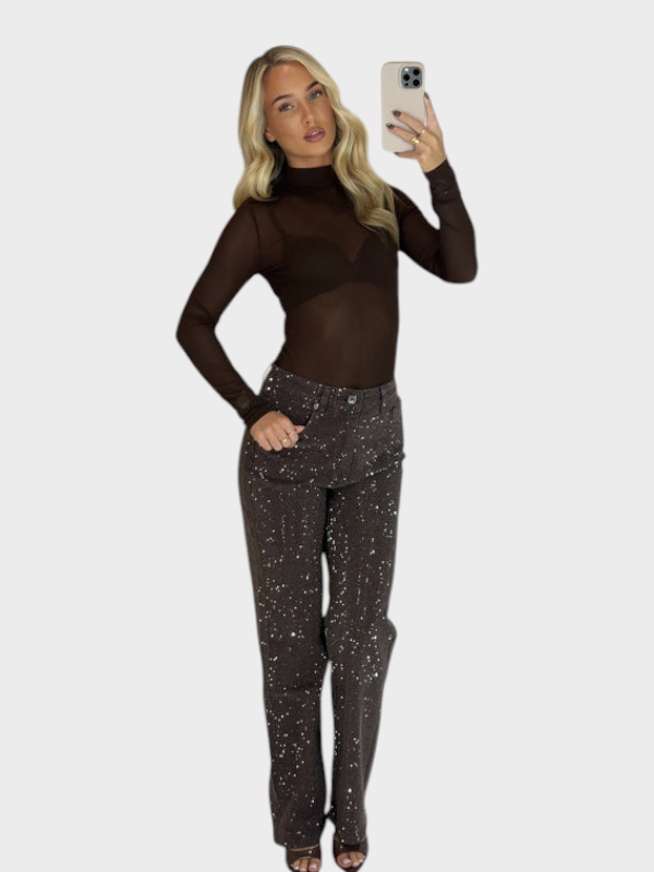 Celeste | Straight Leg Jeans with Rhinestone Glitter in Chocolate
