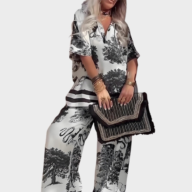 Printed blouse with V-neckline + long pants