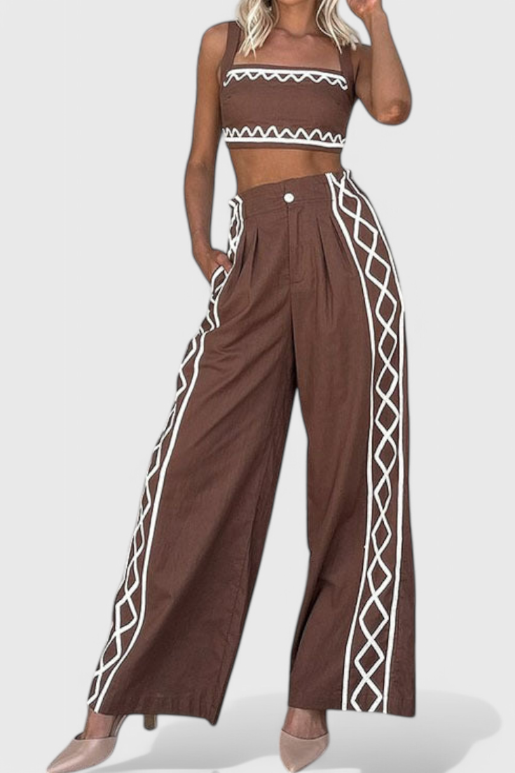 Mirella Crop Top and Wide Leg Pants Set with Zig-Zag Pattern