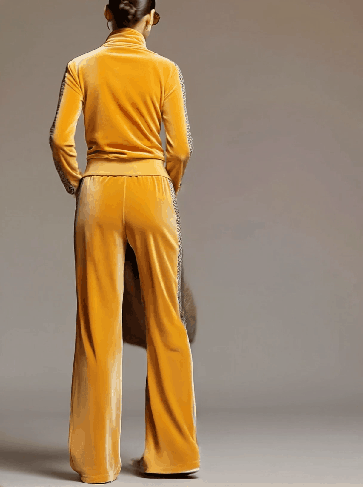 Coleen | Casual Sporty Retro Leopard Print Trim Yellow Velvet Sweatshirt Wide-Leg Pants Set