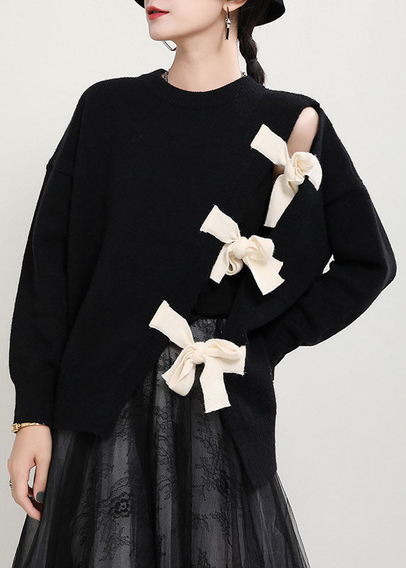 Angela | Organic Black O-Neck Patchwork asymmetrical design Fall Knit Knitted sweaters
