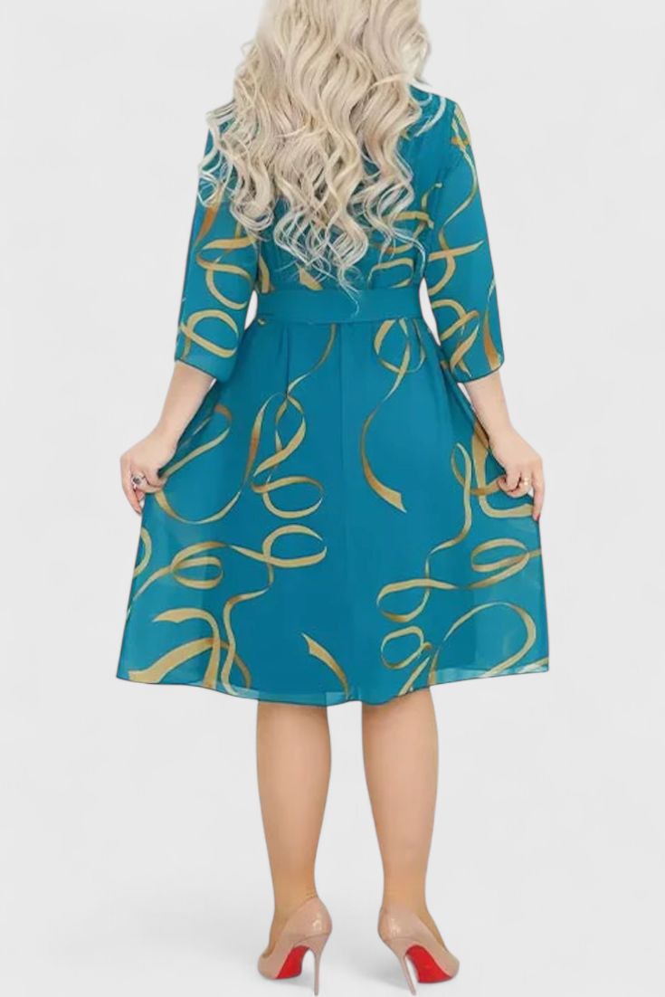 Amelie Midi Dress with Print, Belt and Flexible Cut
