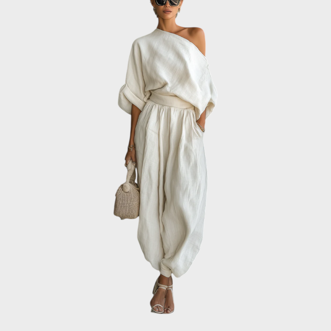 Samiyah | Off-white Linen Off-shoulder Loose Casual Top And Tapered Pants Set
