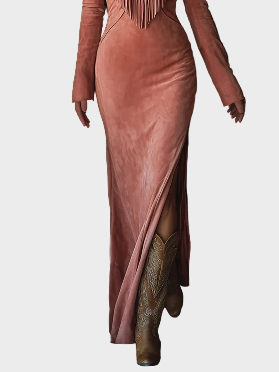Univa | Vintage Western Maxi Dress in Pink Faux Suede with Embroidery and Tassels