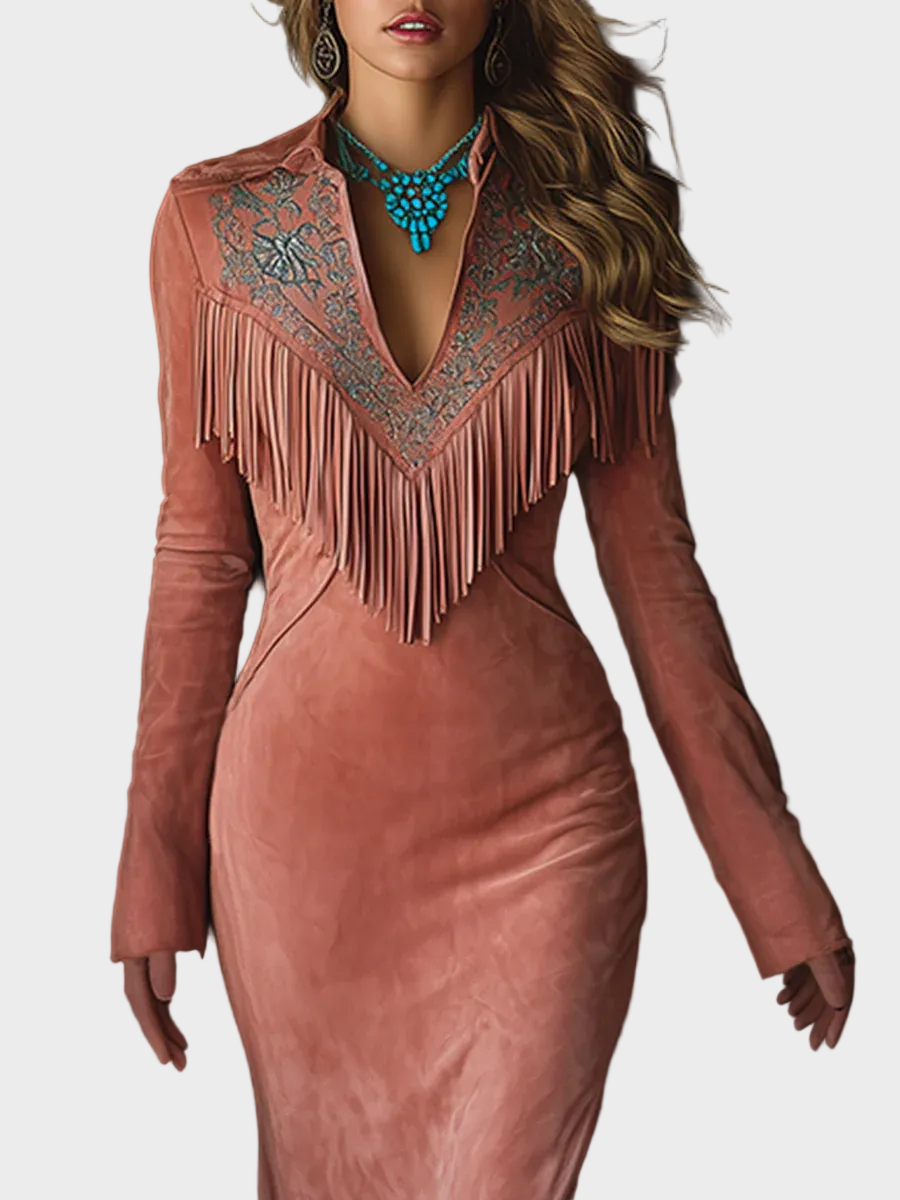 Univa | Vintage Western Maxi Dress in Pink Faux Suede with Embroidery and Tassels