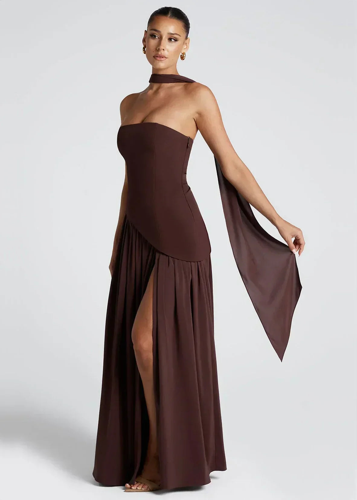 Elena – Maxi Dress with Off Shoulders, Slit & Choker Detail