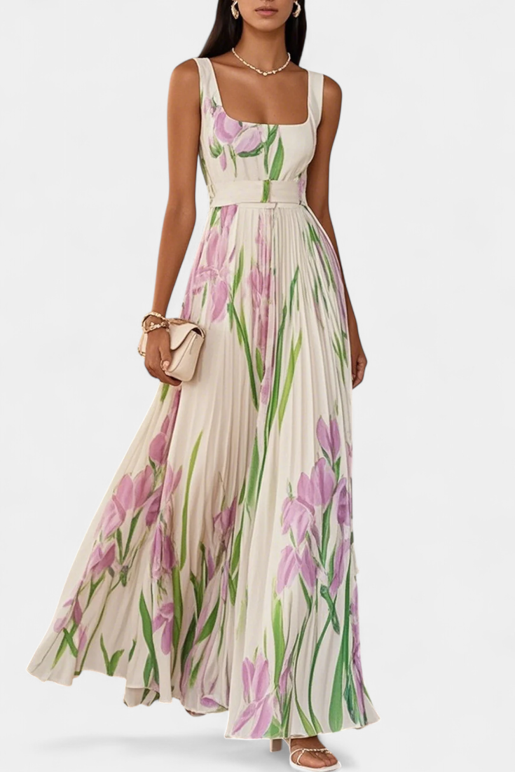 Kalanthi Long Pleated Dress with Floral Pattern and Square Neckline