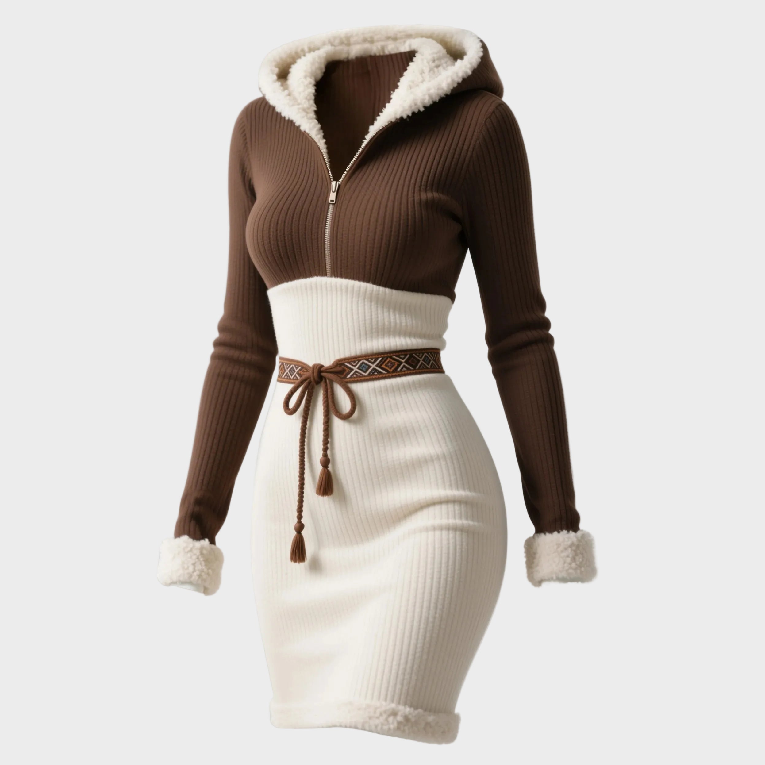 Women's Retro Revel | Slim Fit Dress with Hood, Half Zipper, Vertical Stripes, and Ethnic Color Block Design