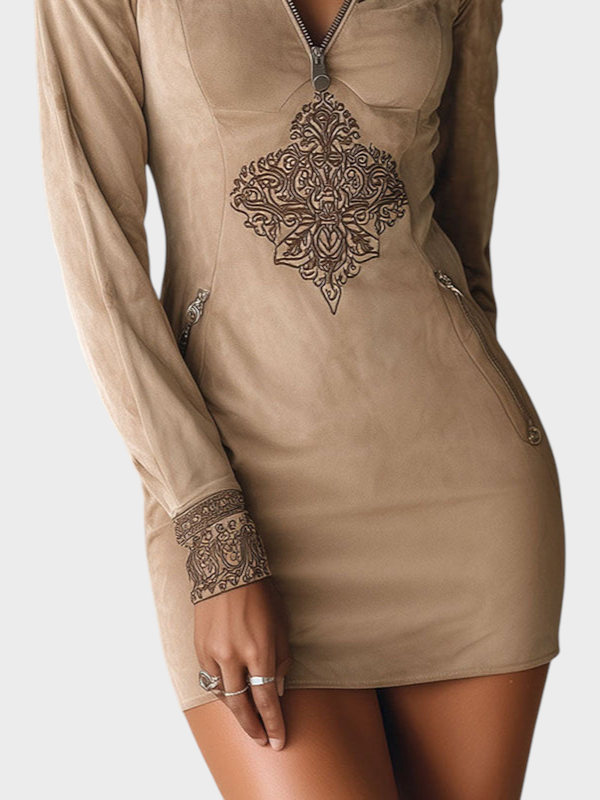 Zarina | Vintage Beige Mini Dress with Zipper and Embroidery with Pockets