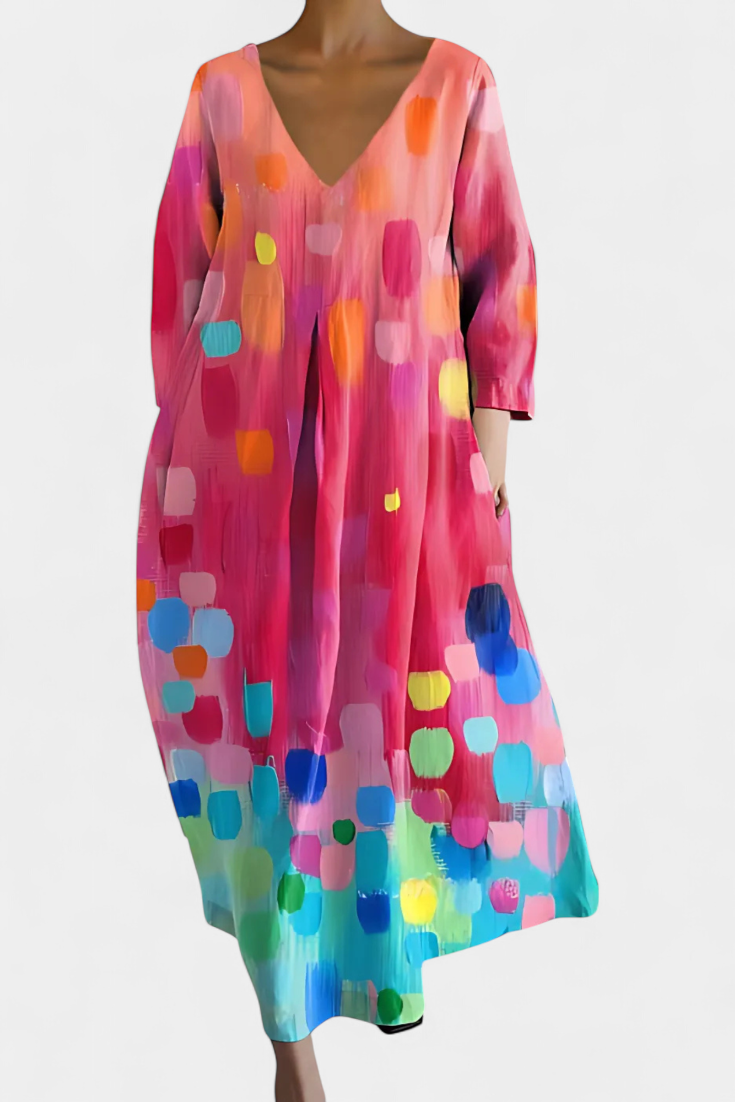 Anne Long Multicolored Dress with V Neckline