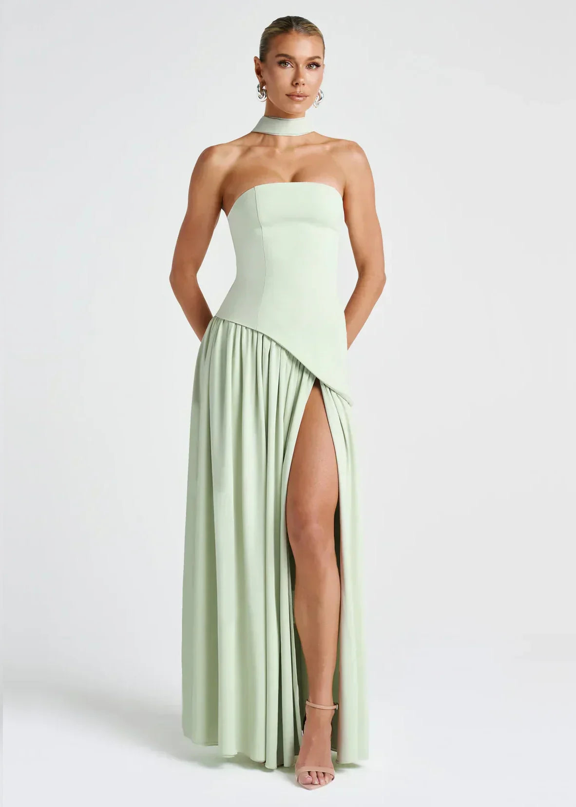 Elena – Maxi Dress with Off Shoulders, Slit & Choker Detail