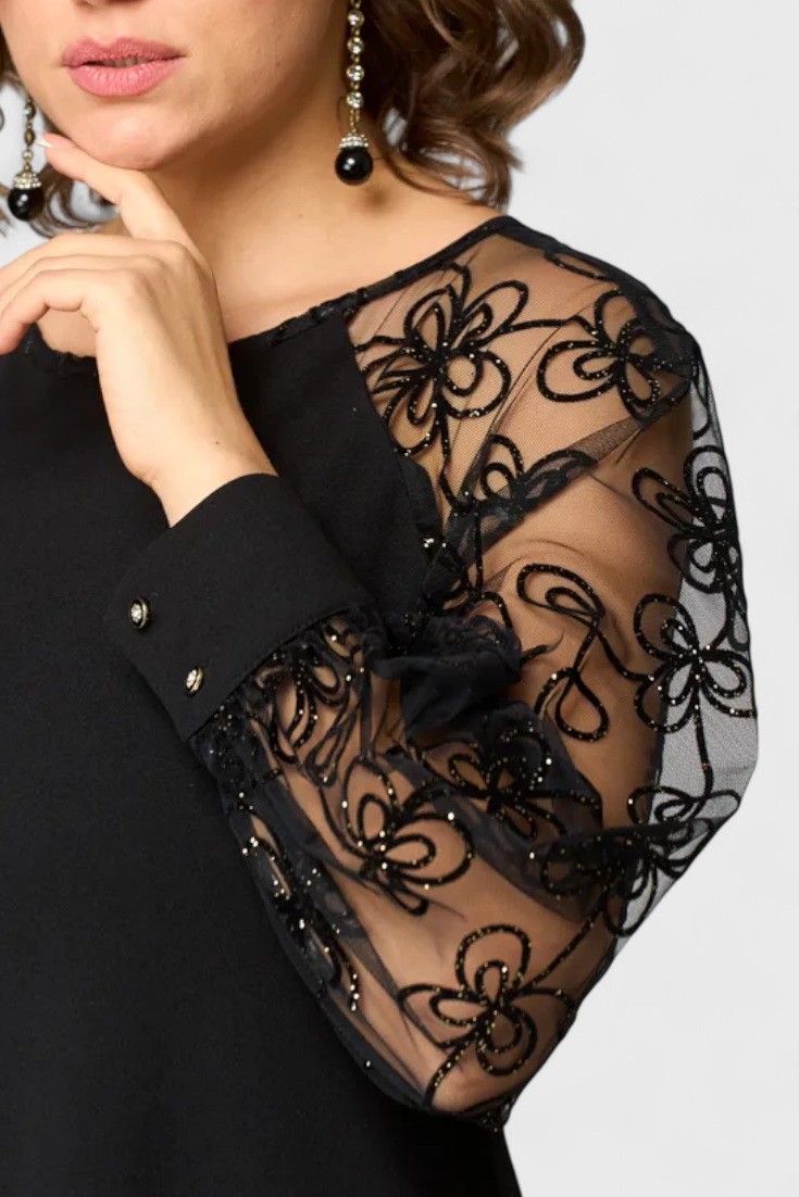 Bellezza Lace Dress with Long Sleeves and Round Neckline